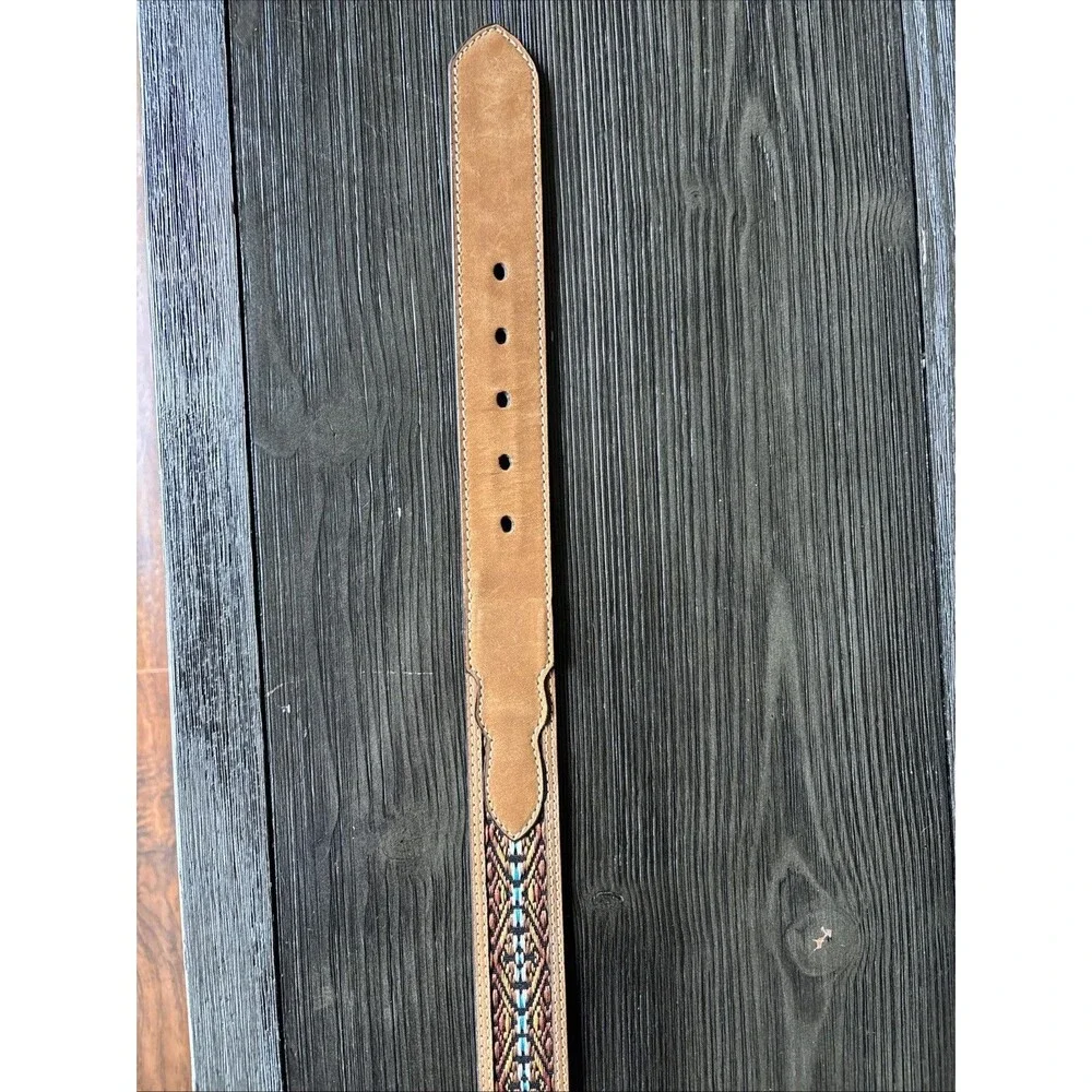 Nocona Leather Belt Men 42 Brown Turquoise Blue Embroidered Overlay N2474844